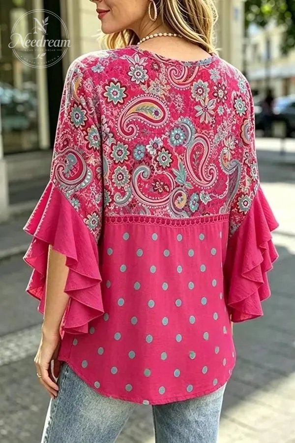 Women's Vintage Paisley Print V-Neck Hollow Out Top