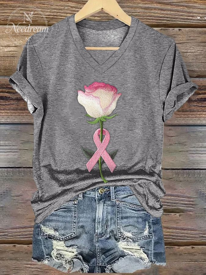 Women's embroidered pink floral print T-shirt