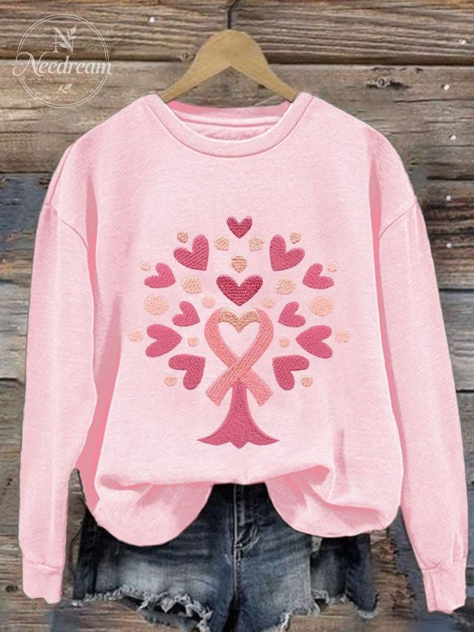 Women's Tree With Pink Ribbon Embroidered Printed Sweatshirt