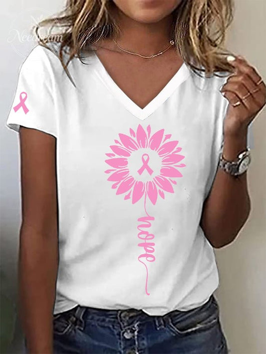 Women's Pink Ribbon Sunflower Hope Breast Cancer Awareness Warrior Tee