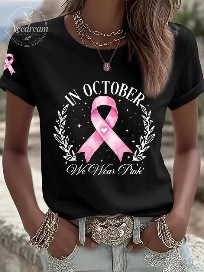 Women's Breast Cancer In October We Wear Pink Print Casual T-shirt