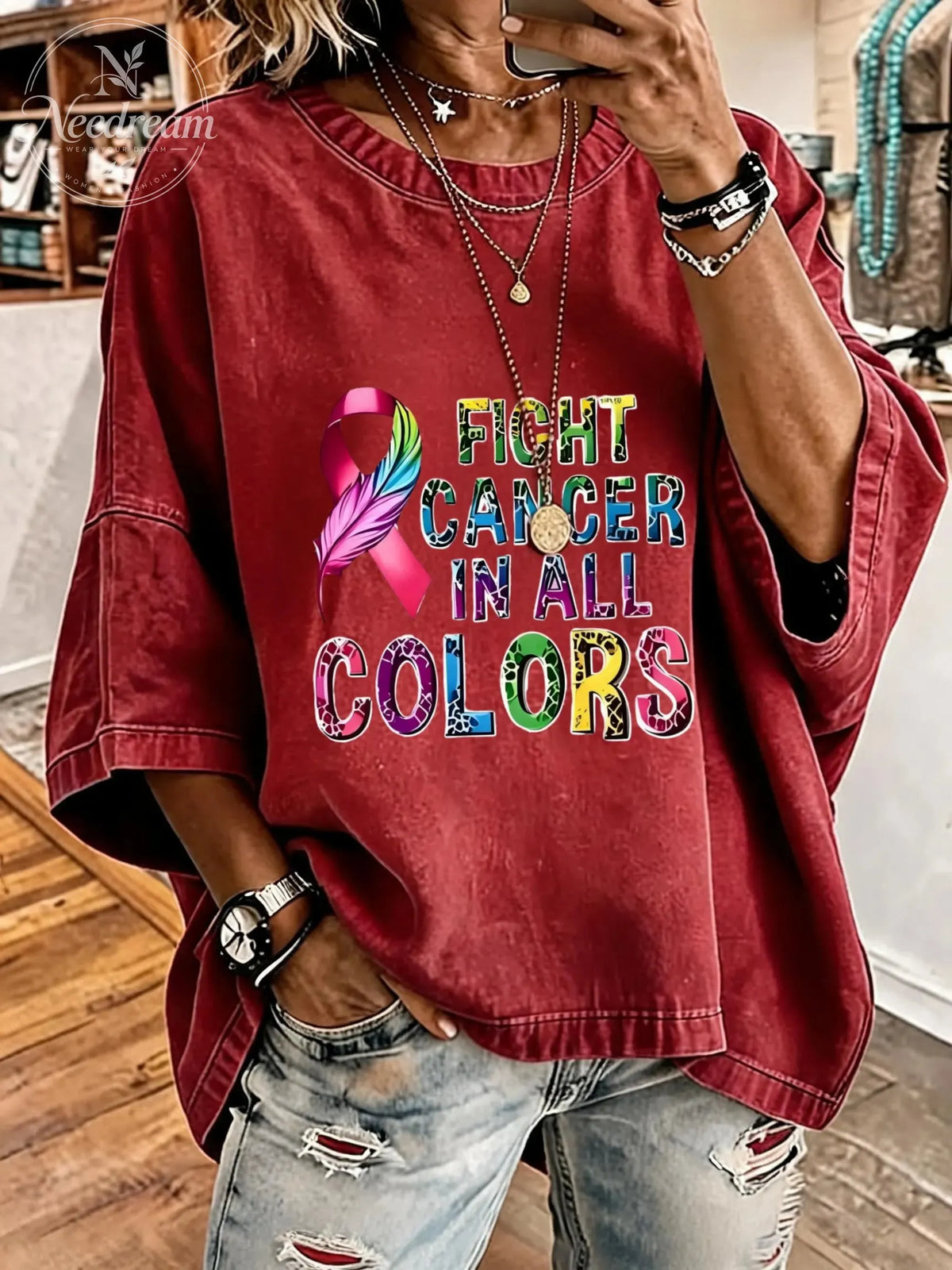 Women'S Fight Cancer In All Colors Distressed Washed Oversized T-Shirt
