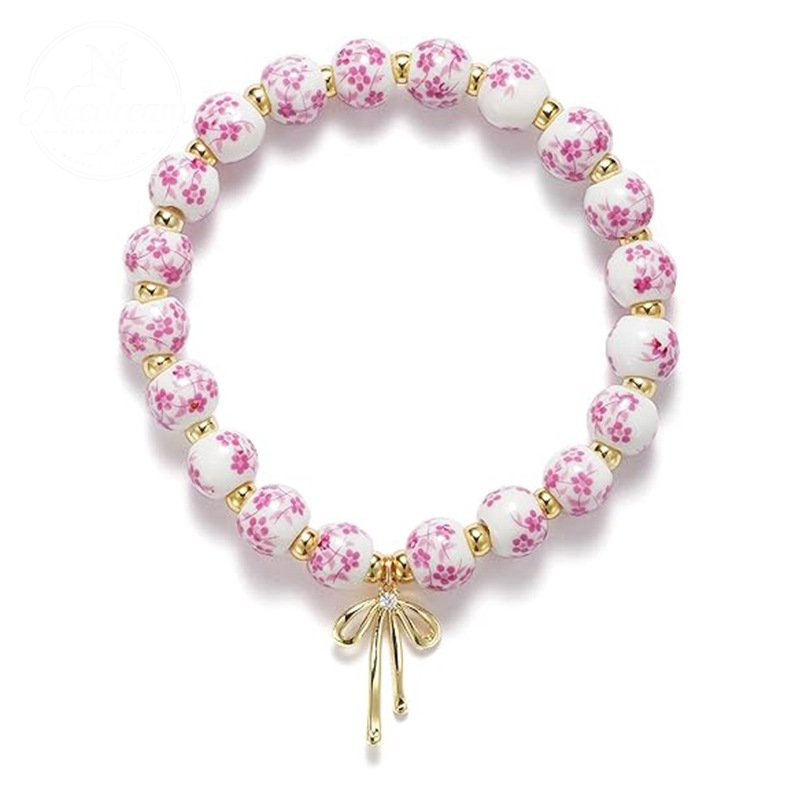 Diamond Studded Bow, Blue Blue Blue And White Porcelain Floral Bead Bracelet
