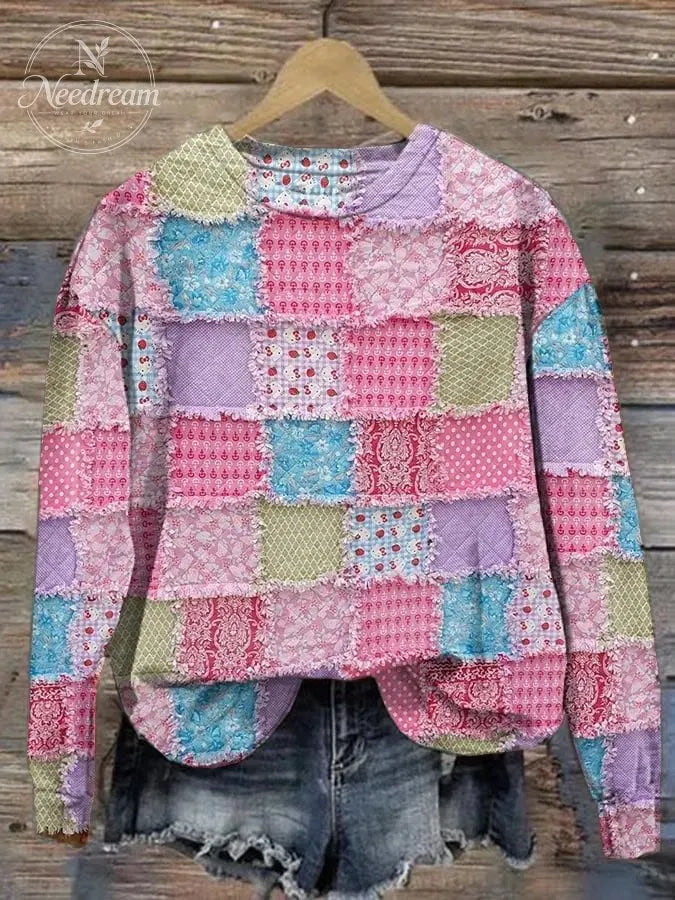 Women's casual pink patch print sweatshirt