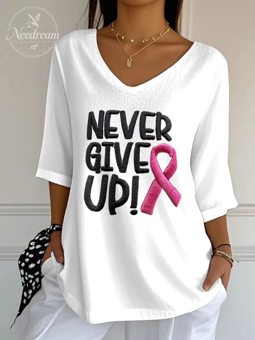 Women's Retro Never Give Up Breast Cancer Print Mid Sleeve T-Shirt