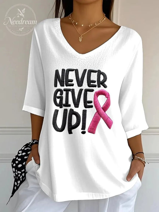 Women's Retro Never Give Up Breast Cancer Print Mid Sleeve T-Shirt