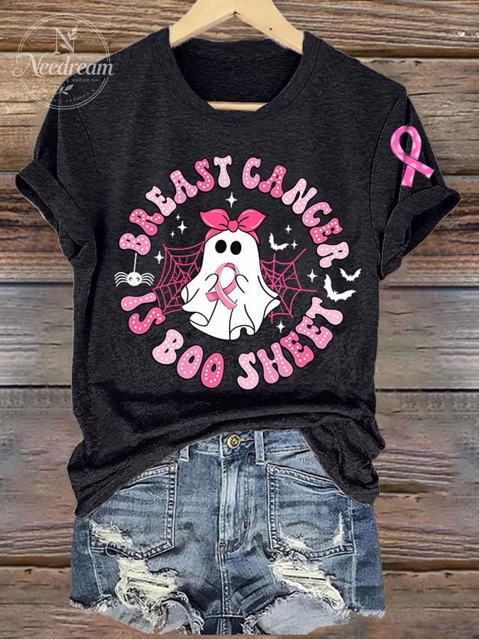 Women's Breast Cancer Is Boo Sheet Printed Casual V Neck T-Shirt