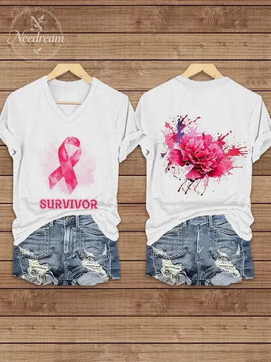 Women's Breast Cancer Awareness Survivor Pink Ribbon Floral Casual Tee