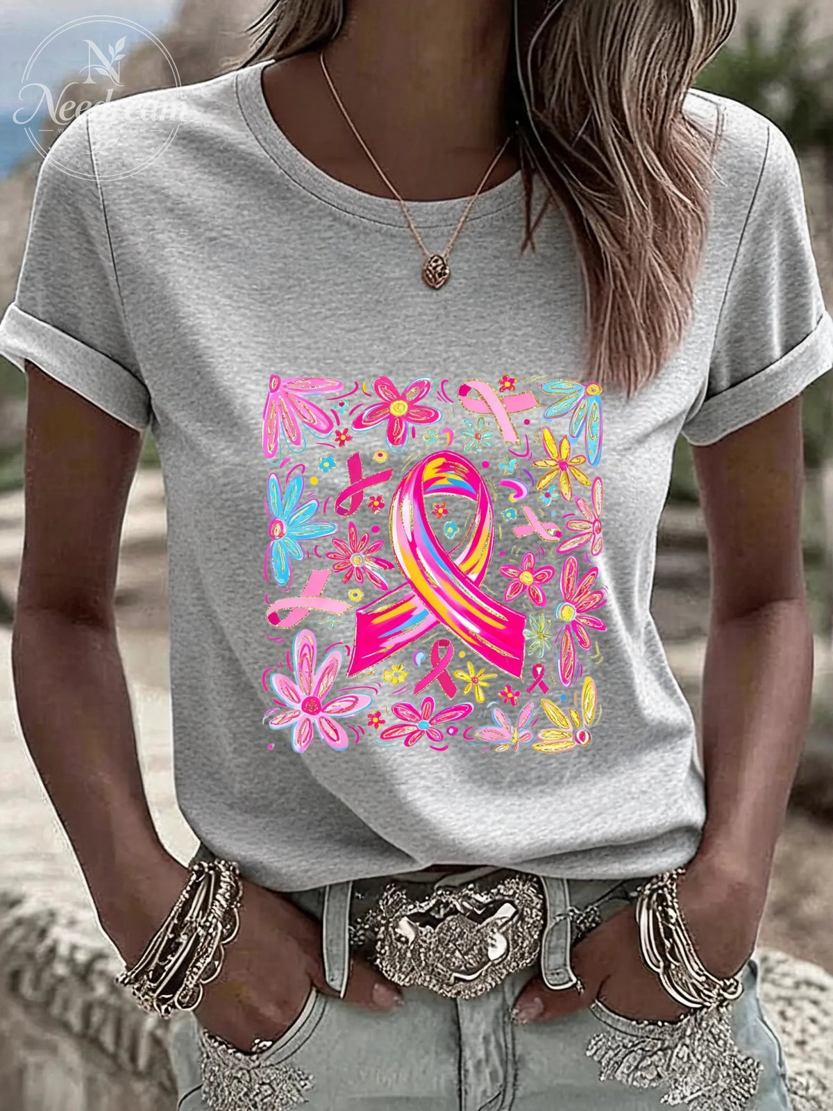 Women'S Comfort Colors Breast Cancer Awareness Casual Round Neck T-Shirt