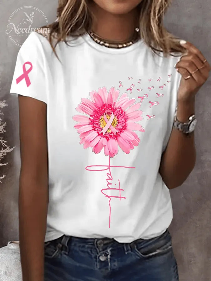 Women's Pink Daisy Faith Pink Ribbon Faith Hope Love Breast Cancer Awareness Print Round Neck Short Sleeve T-Shirt