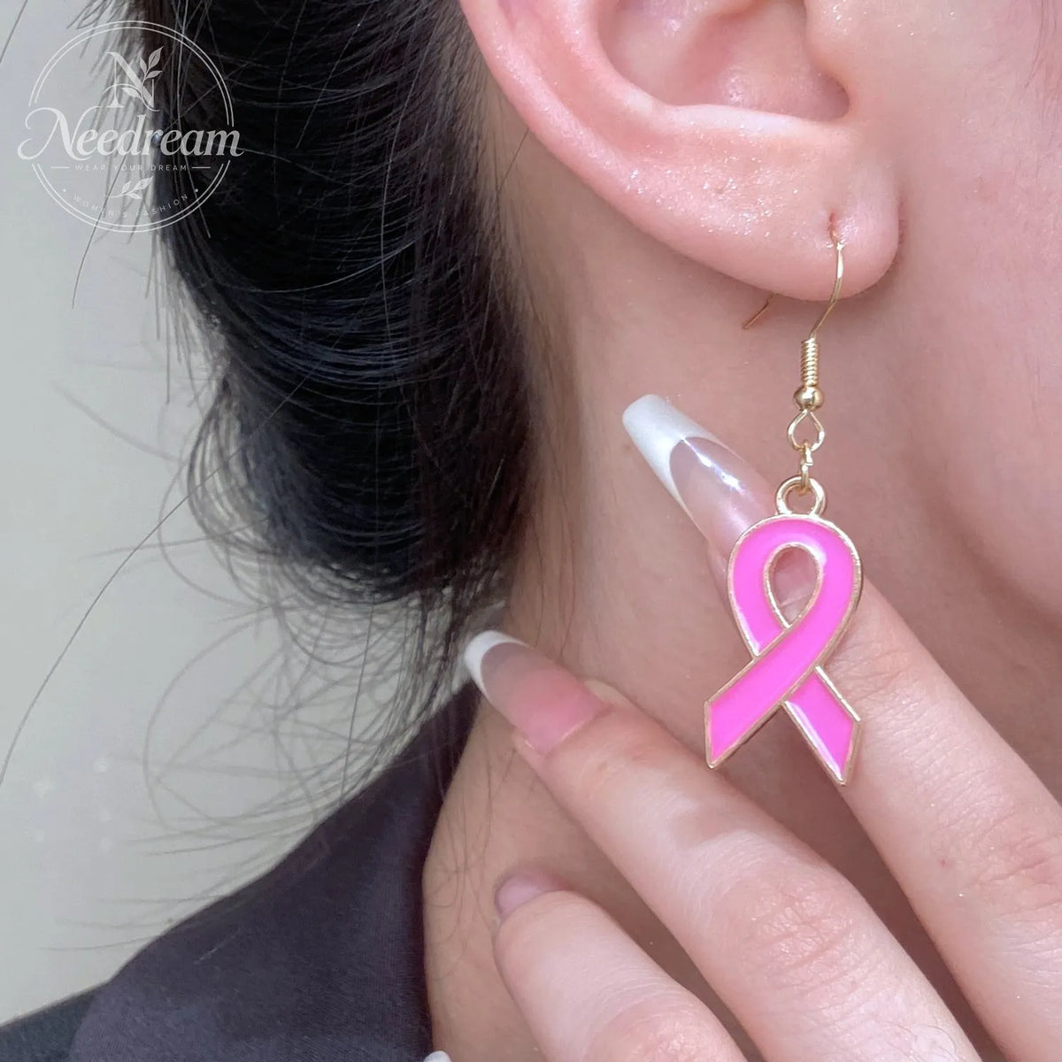Drip Oil Pink Ribbon Earrings