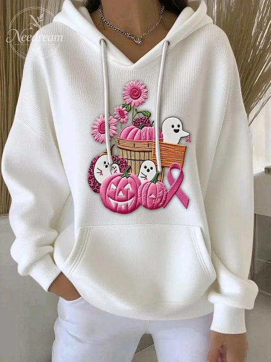 Women's Breast Cancer Sequin Pumpkin Print Casual Hoodie