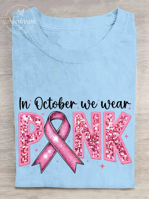In October We Wear Pink Embroidery Breast Cancer Awareness Cotton T-Shirt