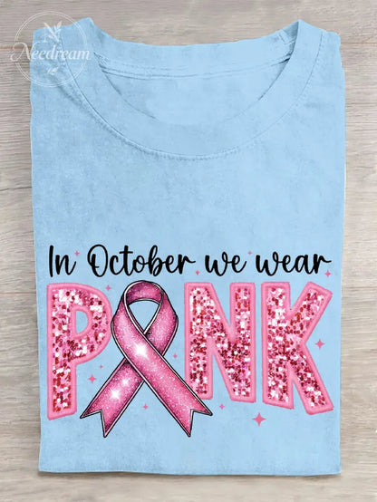In October We Wear Pink Embroidery Breast Cancer Awareness Cotton T-Shirt