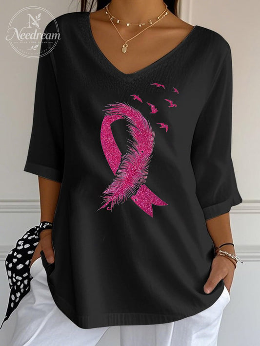 Women's Feather Bird Pink Ribbon  Pattern  Print Wrinkle Top