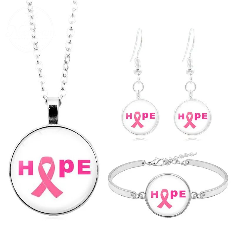 Breast Cancer Pink Ribbon Logo Necklace Set