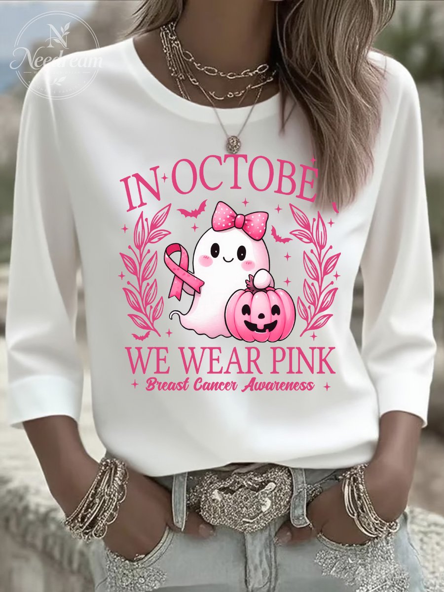 Women's In October We Wear Pink Three-Quarter Sleeve Round Neck T-Shirt