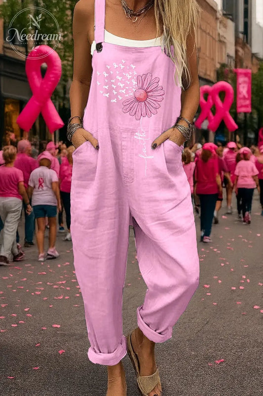Women's Pink October Faith Pattern Print  Casual Cotton Pocket Jumpsuit