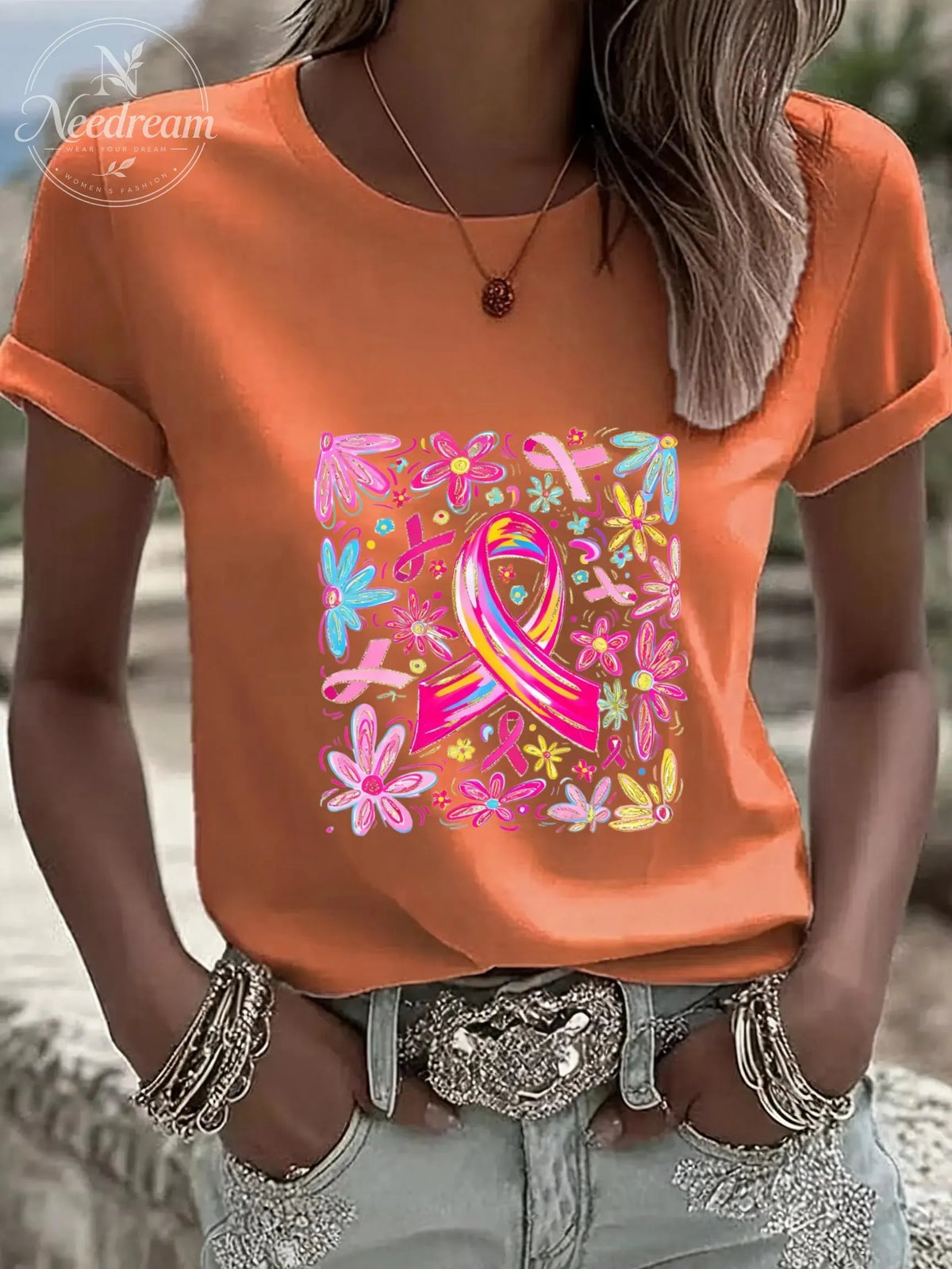 Women'S Comfort Colors Breast Cancer Awareness Casual Round Neck T-Shirt
