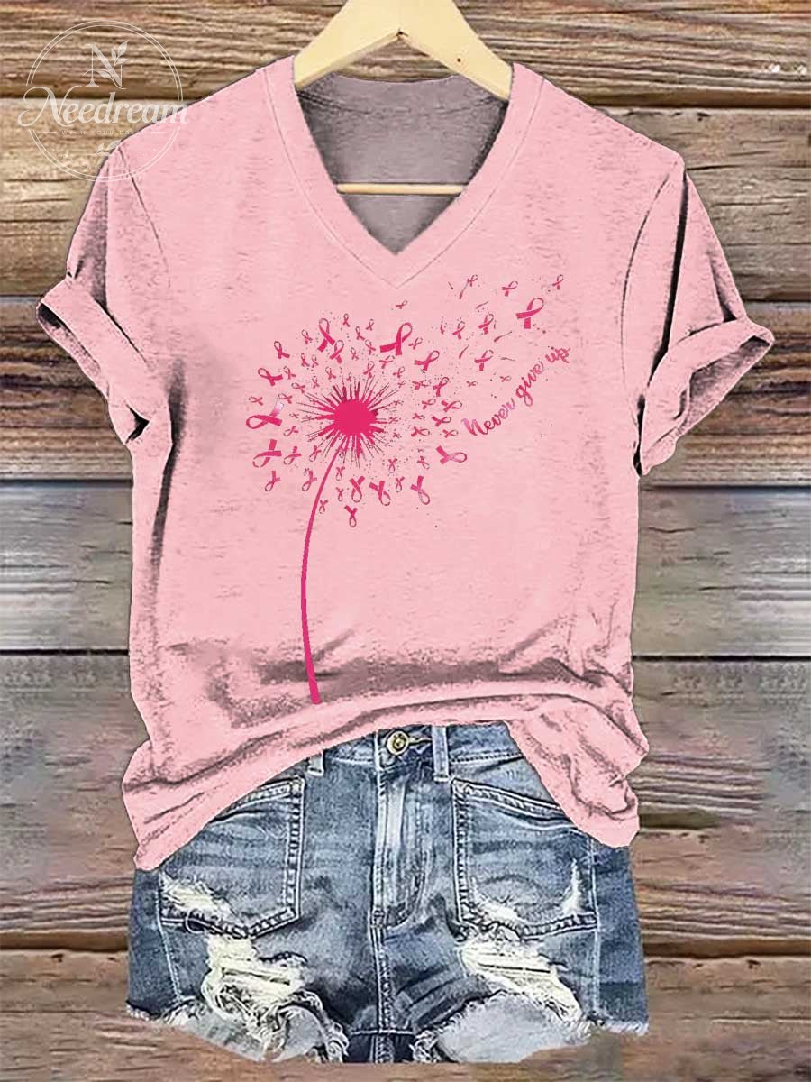 Women's Never Give Up Breast Cancer Awareness V-neck Casual T-Shirt