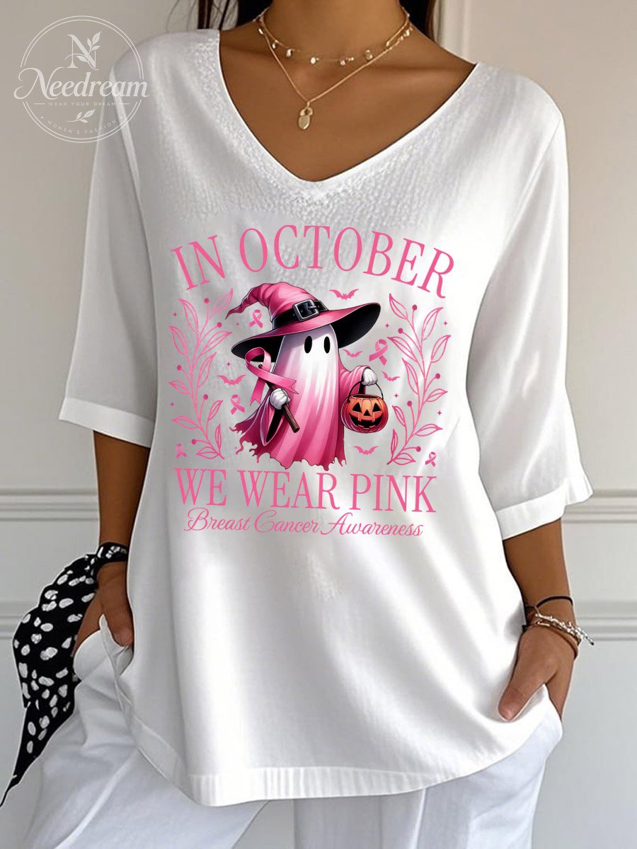 Women's Breast Cancer In October We Wear Pink Pattern  Print Wrinkle Top