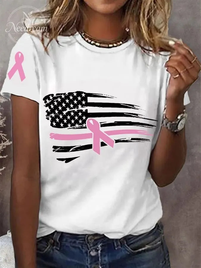 Women's Pink Ribbon Breast Cancer Awareness American Flag Tee