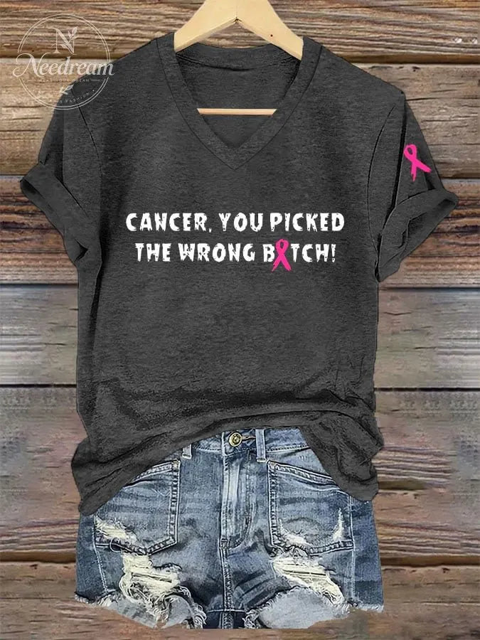 Women's Cancer, You Picked The Wrong Bitch Breast Cancer Awareness Printed V-Neck T-Shirt
