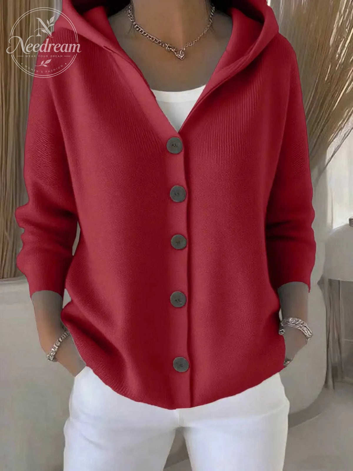 Solid Button Detailed Hoodie Sweater