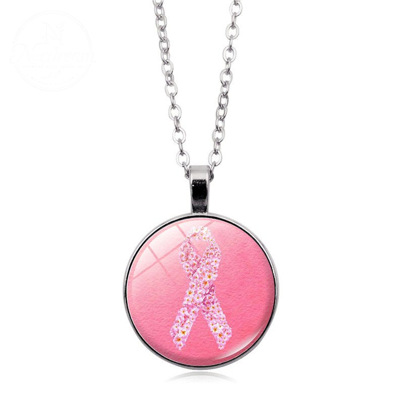 Love Women Pink Ribbon Gemstone Necklace