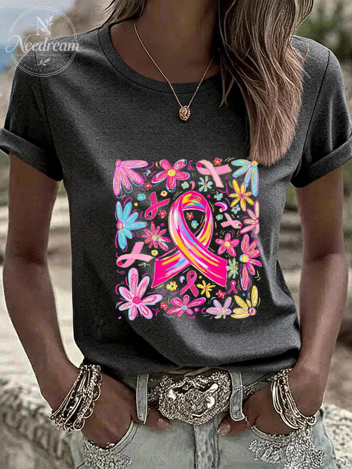 Women'S Comfort Colors Breast Cancer Awareness Casual Round Neck T-Shirt