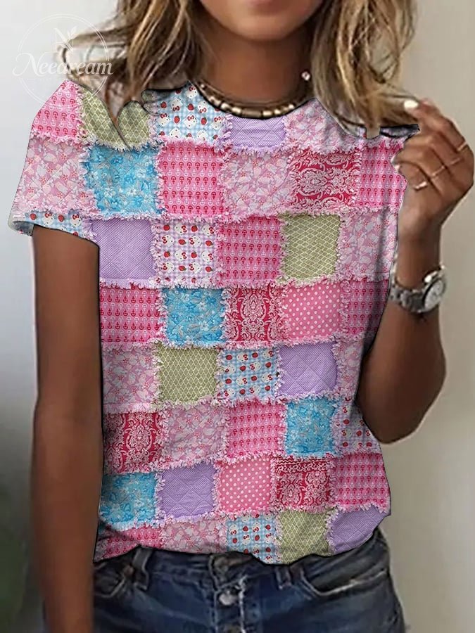 Women's casual pink patch printed T-shirt