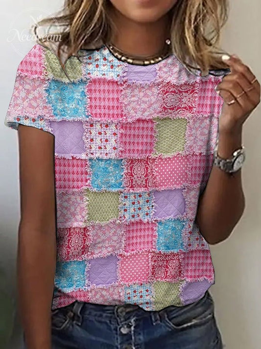 Women's casual pink patch printed T-shirt