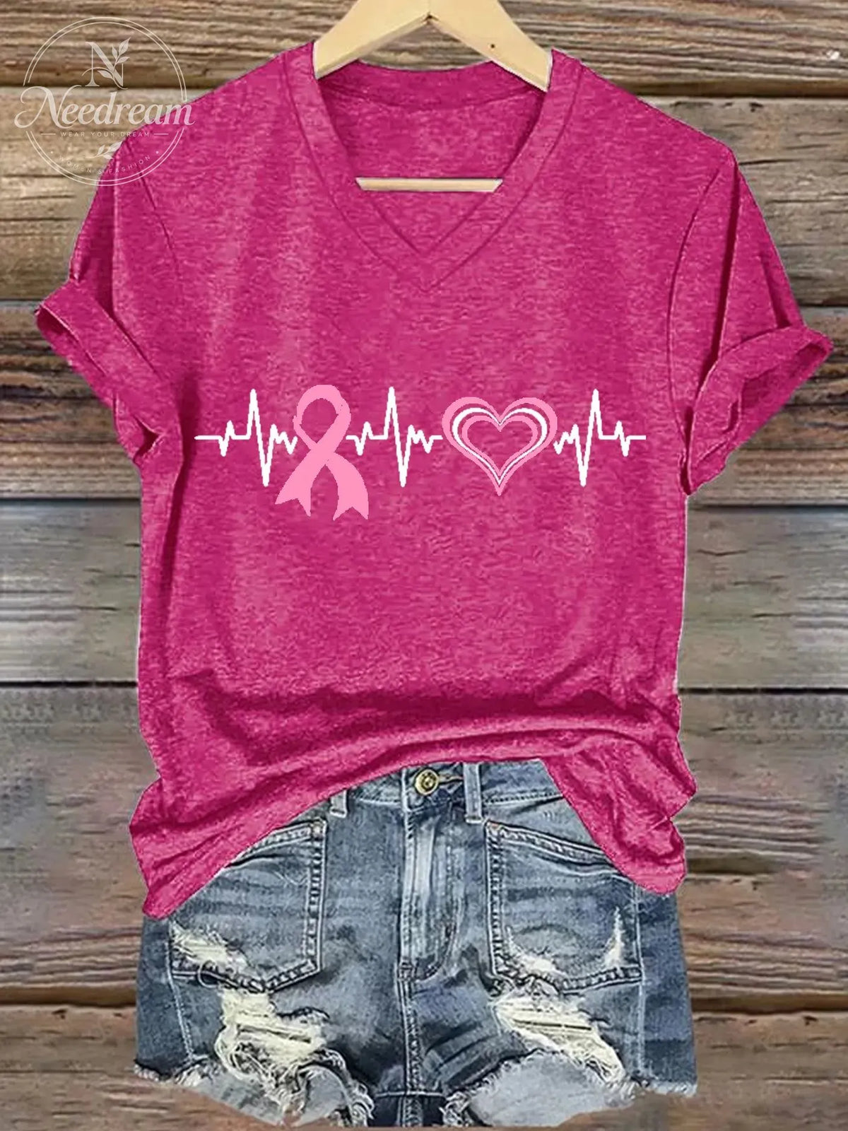 Women's Breast Cancer Awareness Print V-Neck T-Shirt