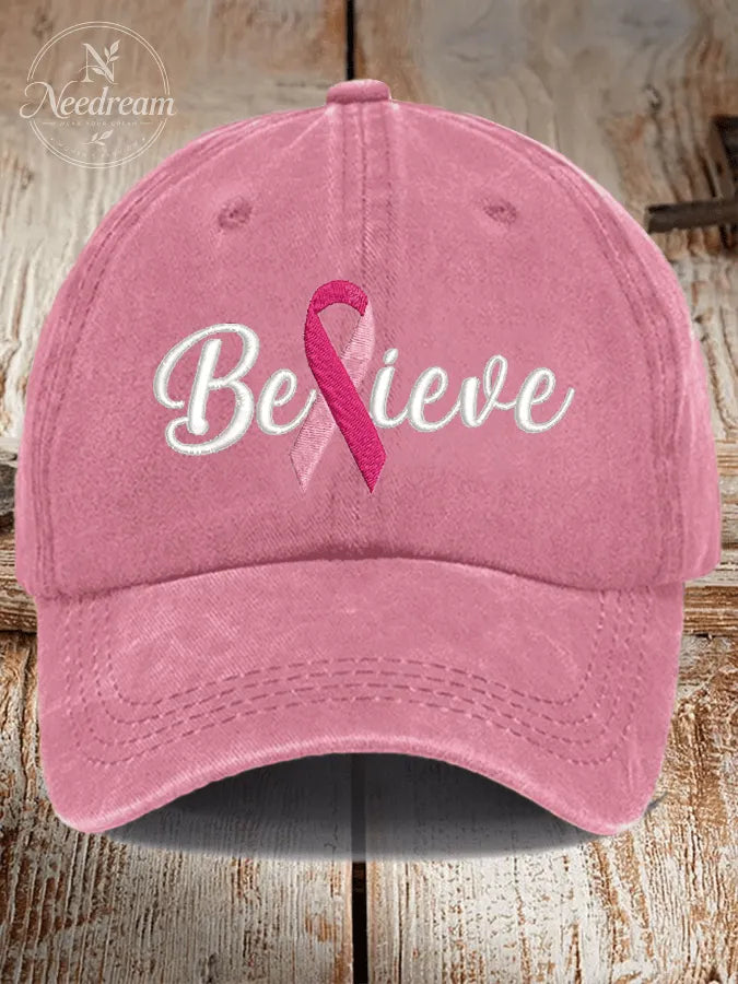 Breast Cancer Believe Ribbon Print Hat