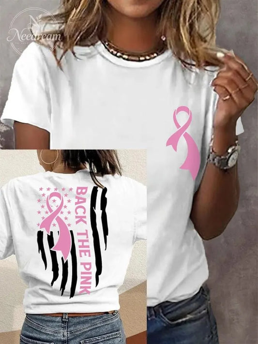 Women's Back The Pink American Falg Breast Cancer Awareness Warrior Tee