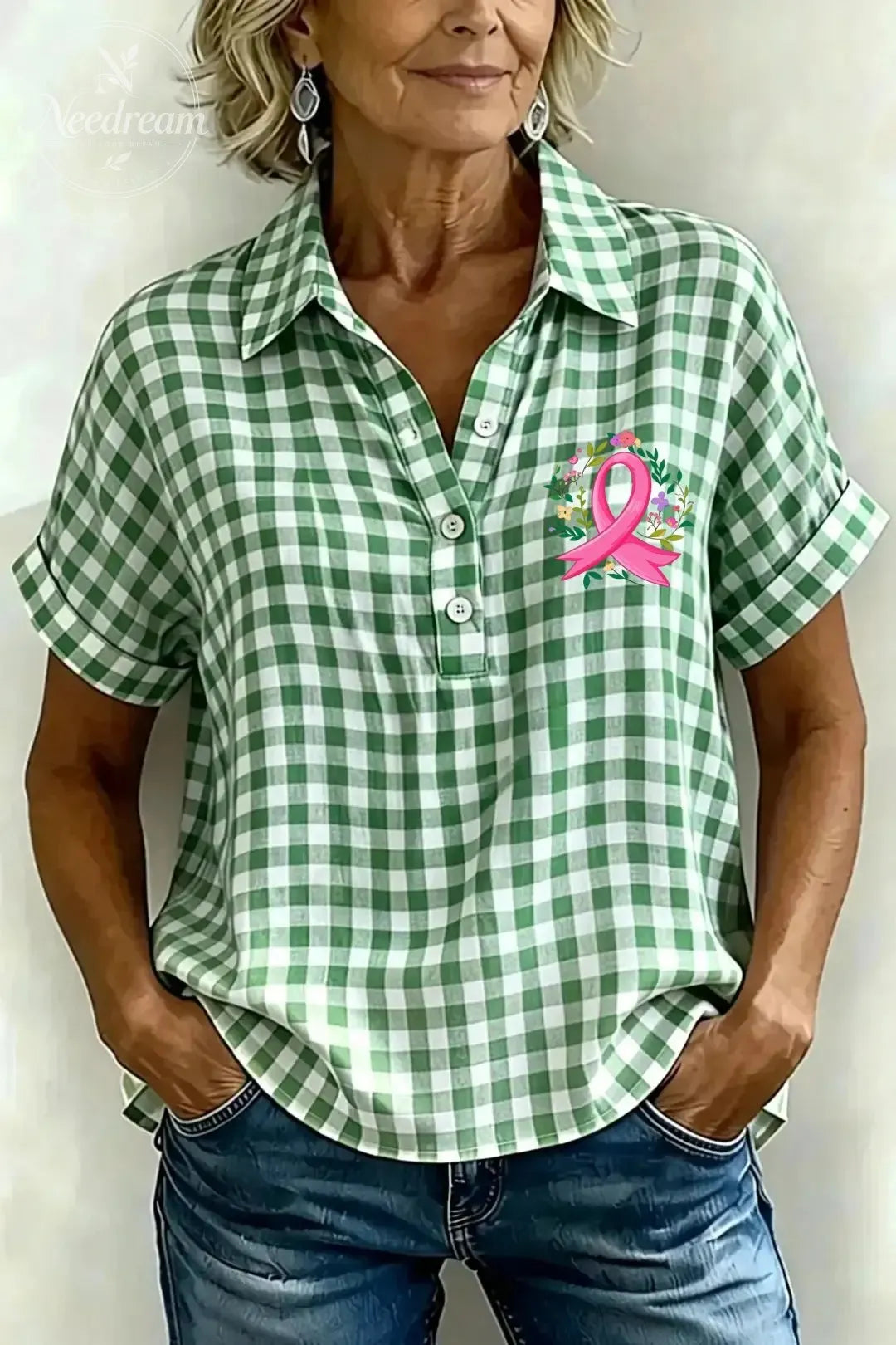 Women's Classic Plaid Cotton-Linen V-Neck Button-Front Shirt