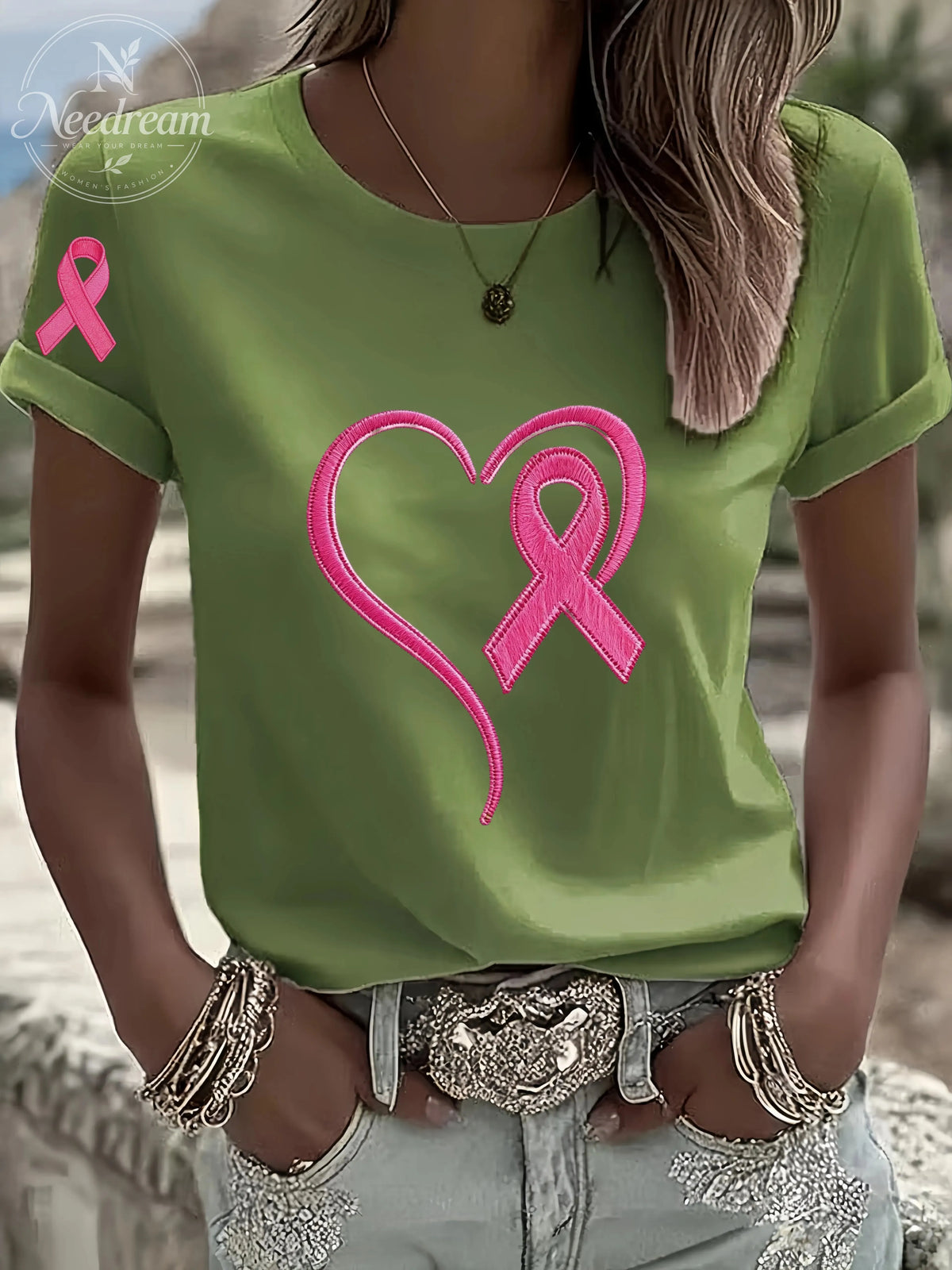 Women'S Breast Cancer Awareness Heart Ribbon Round Neck 100% Cotton T-Shirt