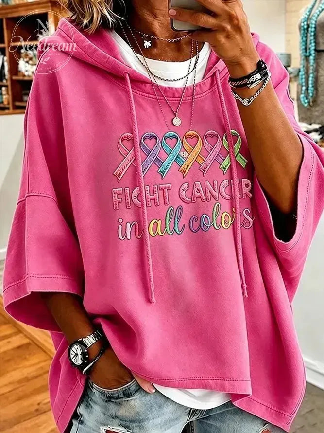 Women's Multicolor Heart Ribbon Slogan Short Sleeve Hoodie