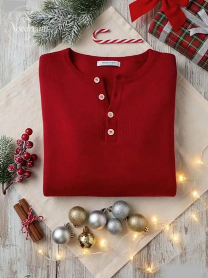 Women Plain Casual Long Sleeve Henley Collar Cotton Sweater