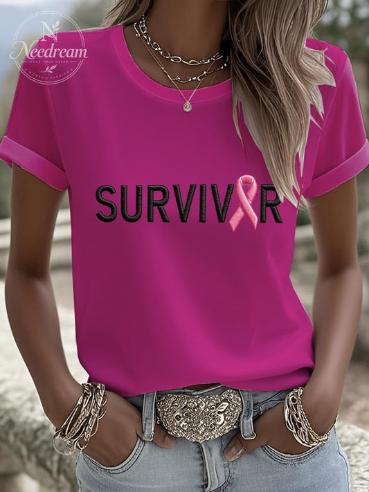 Women's Breast Cancer Survivors Print Round Neck Short Sleeve Linen Blend Shirt