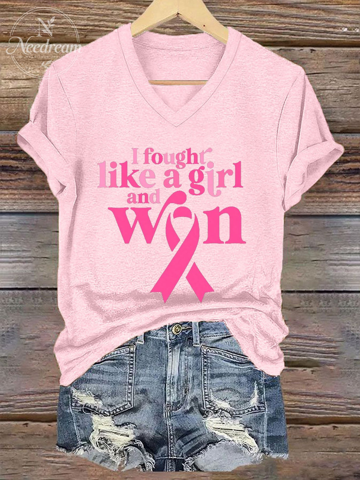 Women's Breast Cancer Awareness Print V-Neck T-Shirt