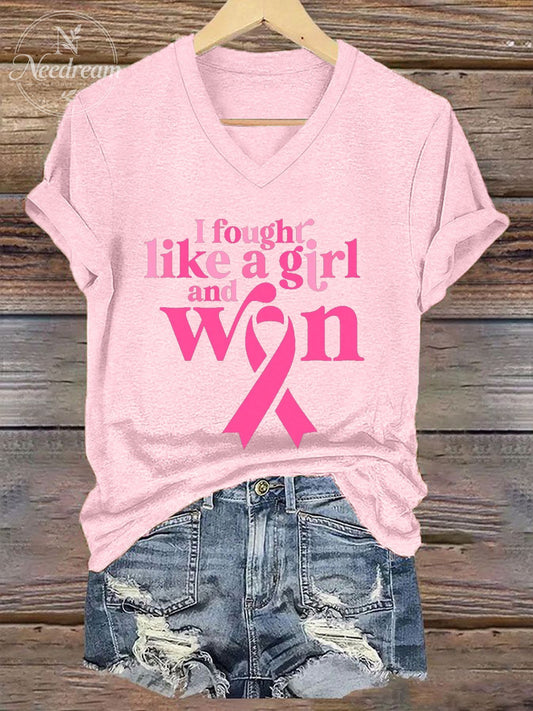 Women's Breast Cancer Awareness Print V-Neck T-Shirt