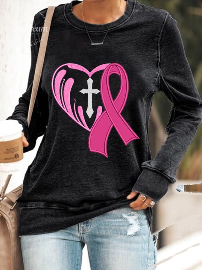 Women's Cross Heart  With Pink Ribbon Embroidered Printed Sweatshirt