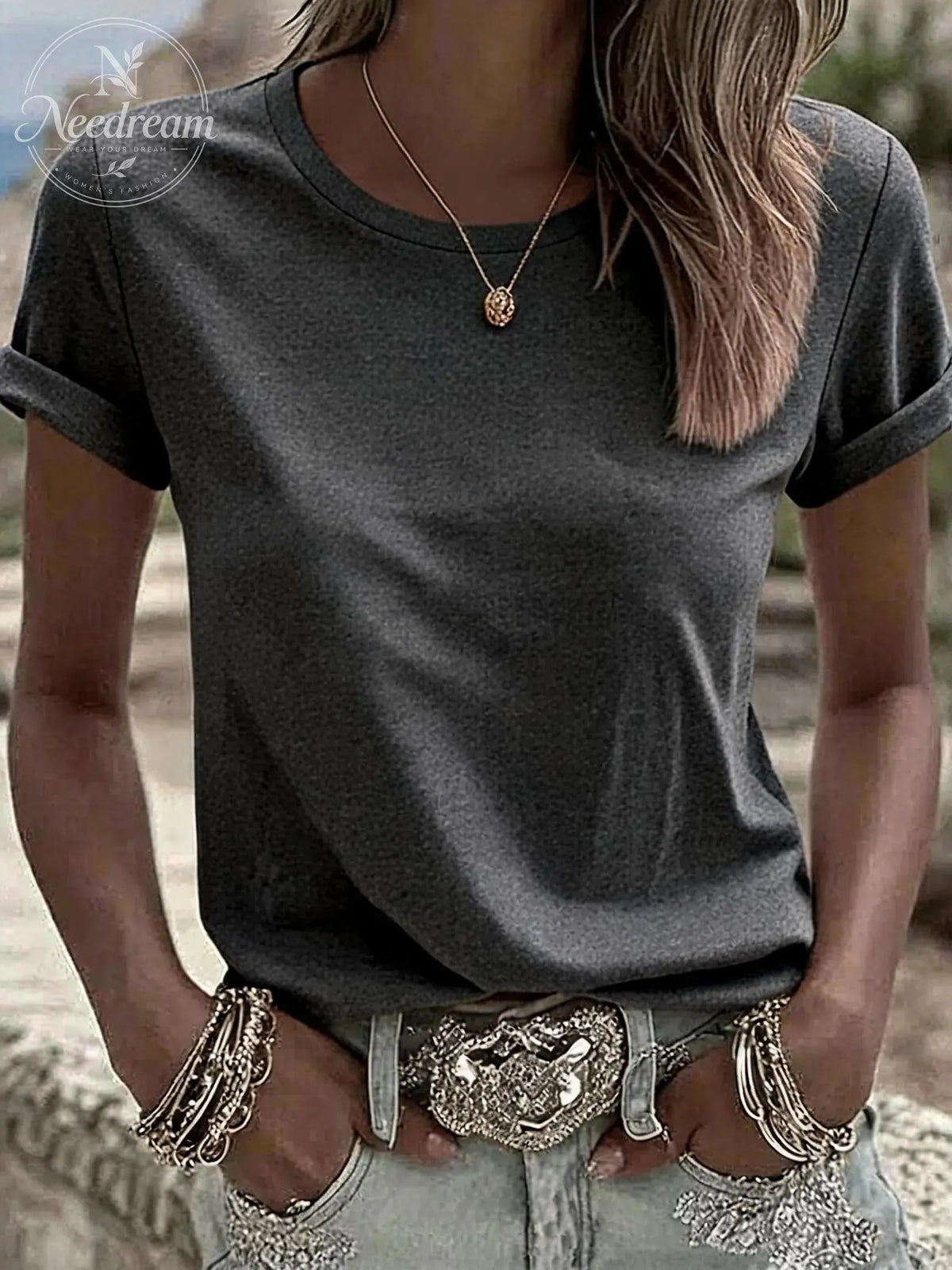 Women's Solid Color Casual Round Neck T-Shirt