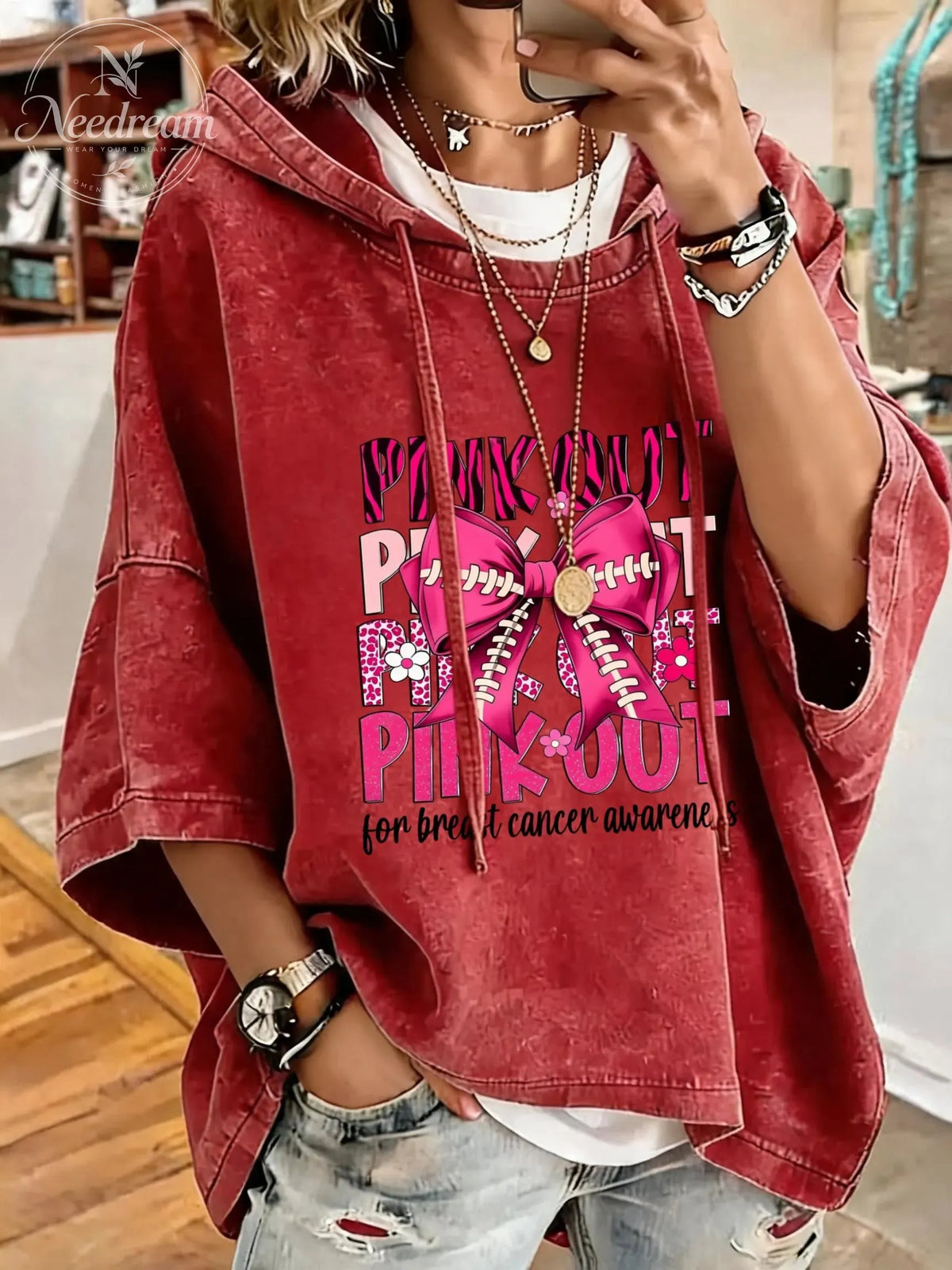 Women'S Pink Out Breast Cancer Awareness Distressed Washed Oversized Hoodie