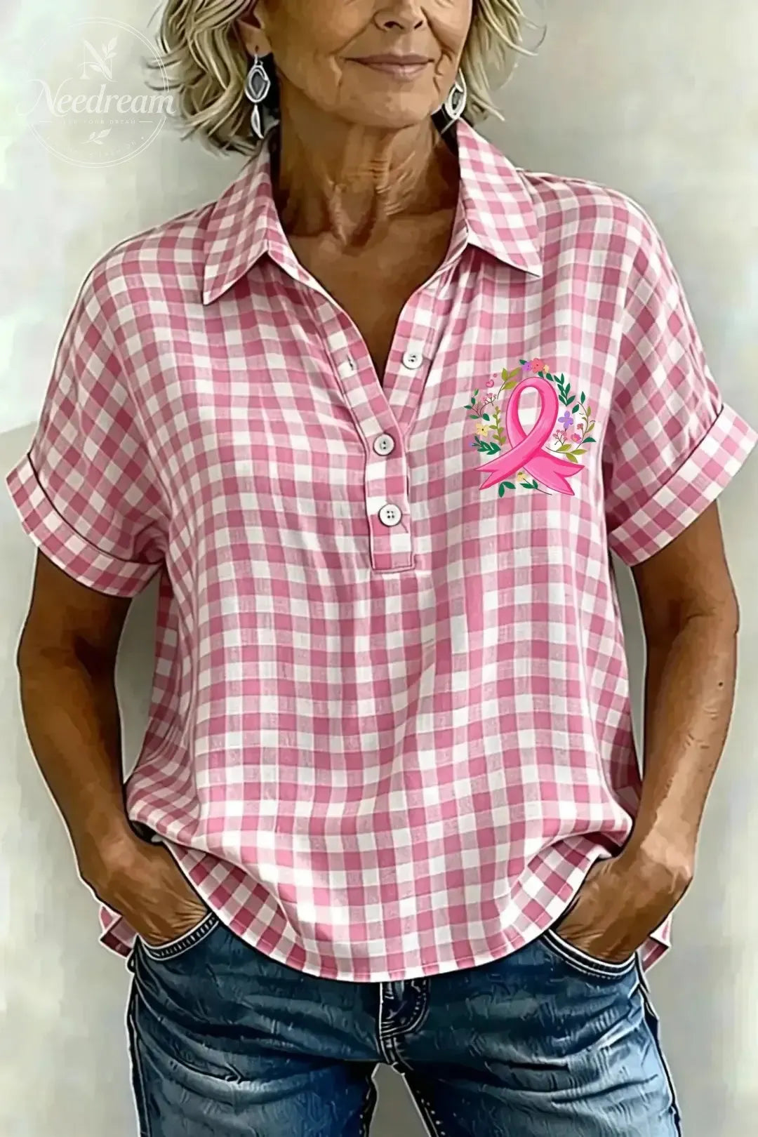 Women's Classic Plaid Cotton-Linen V-Neck Button-Front Shirt