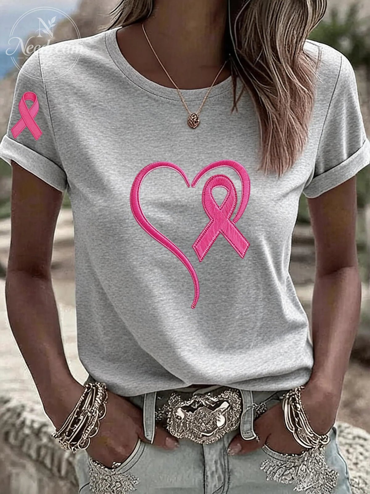 Women'S Breast Cancer Awareness Heart Ribbon Round Neck 100% Cotton T-Shirt