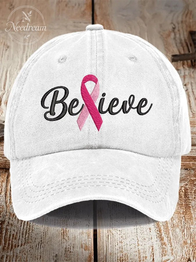 Breast Cancer Believe Ribbon Print Hat