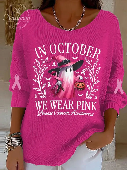 Women's Breast Cancer Awareness In October We Wear Pink Print Long Sleeve T-Shirt
