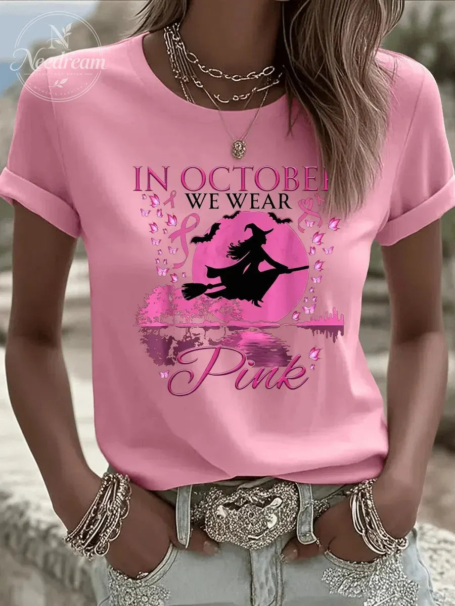 Women's  In October We Wear Pink Pattern Print Casual T-Shirt